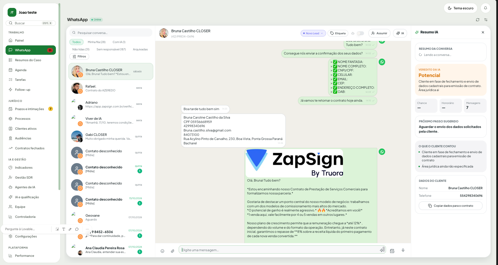 Tela real do CRM: WhatsApp e Resumo IA