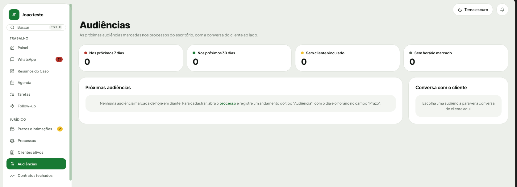 Tela real do CRM: Audiências