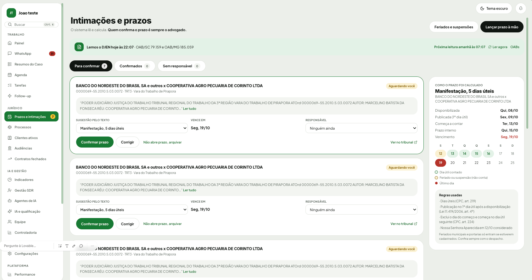 Tela real do CRM: Intimações e prazos